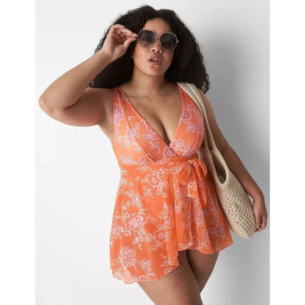 Cacique No-Wire Wrap Swim Dress/Suit Womens 36 Orange Floral Med Covrg Tie Belt